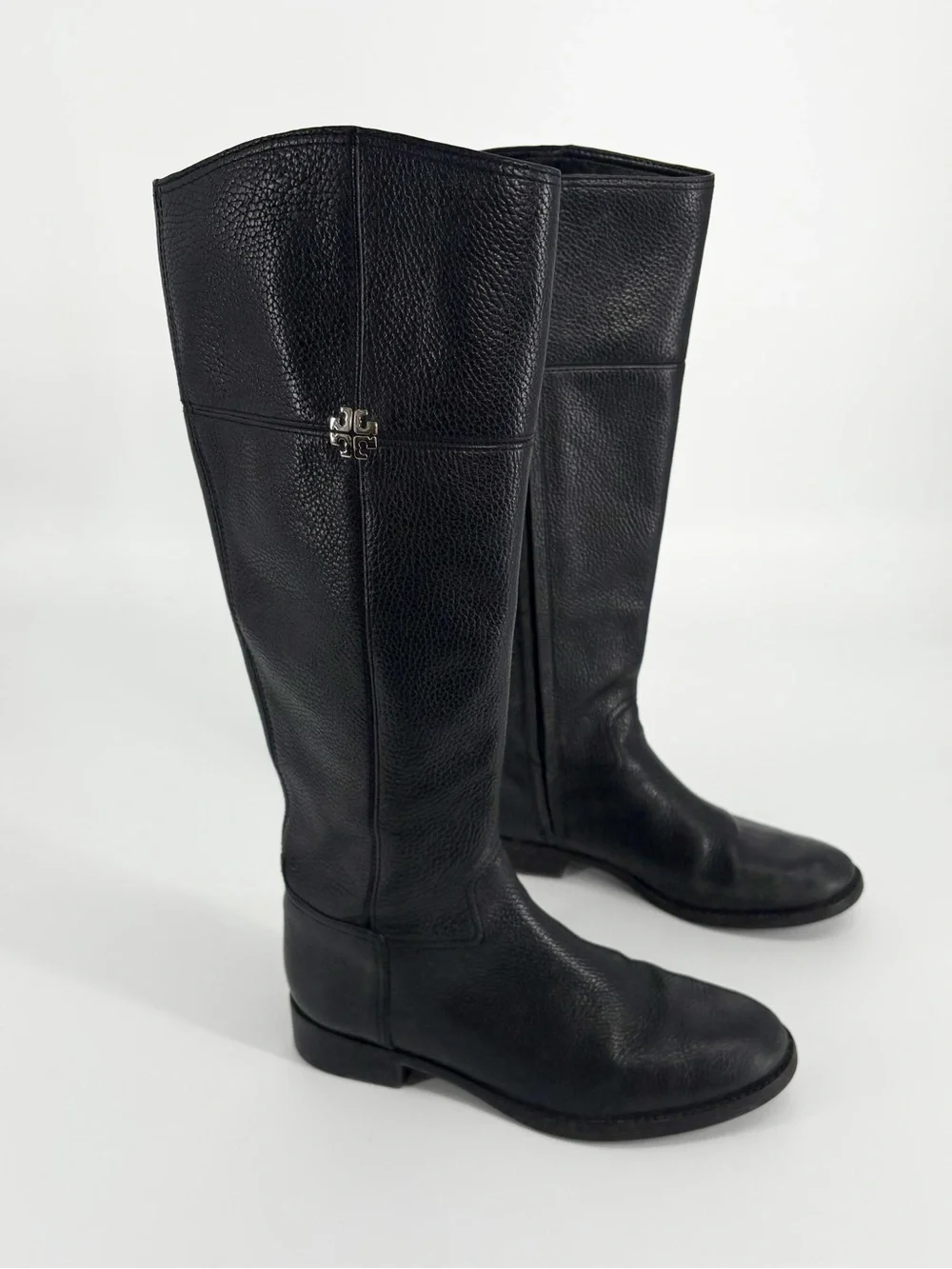 Tory Burch Black Pebbled Leather Knee Boots with Logo Emblem